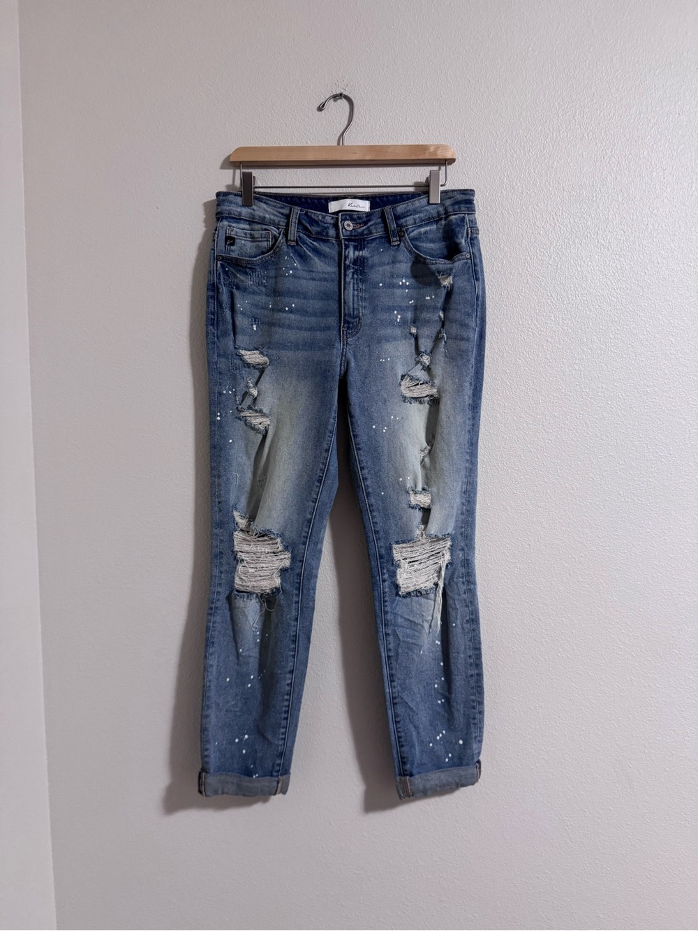 KanCan Blue Ripped Boyfriend Jeans with White Paint Dots